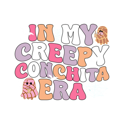 Diseño de texto divertido con temática de Halloween que presenta la frase "In My Creepy Conchita Era" con letras coloridas e ilustraciones lindas.