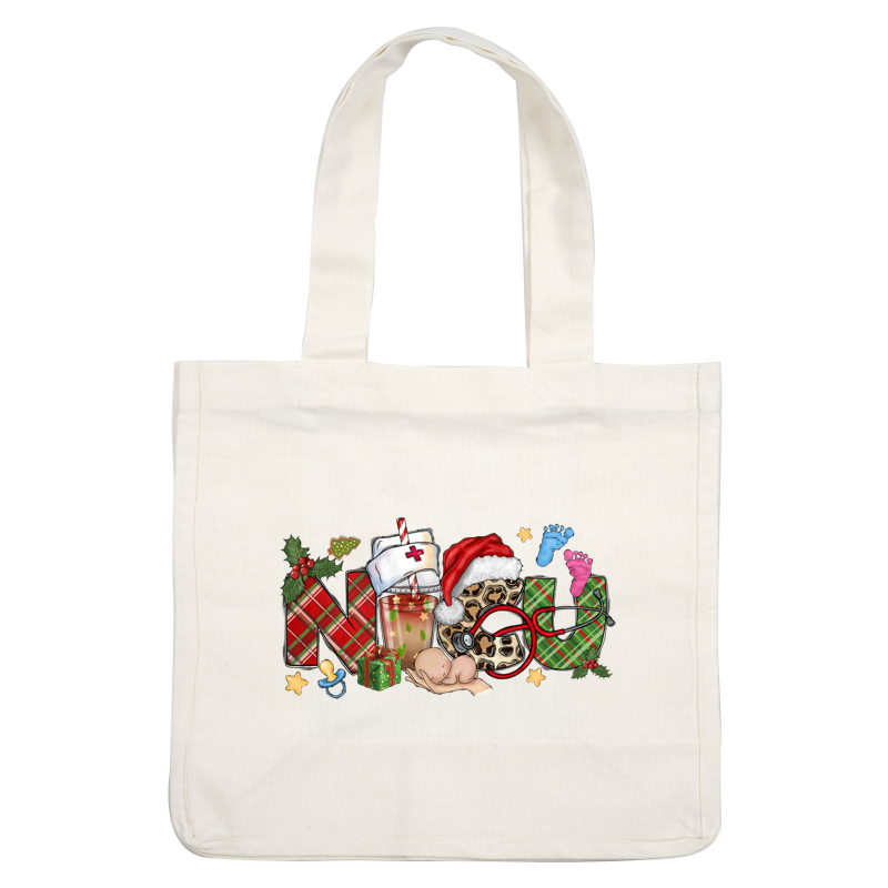 A festive "NICU" design featuring holiday elements like a Santa hat, a medical symbol, and baby footprints, perfect for celebrating neonatal care.DTF Transfers heat press transfers heat press transfers