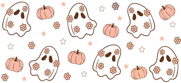 A playful pattern featuring cute ghost illustrations adorned with flowers and accompanied by pumpkins and sparkling stars, perfect for Halloween.UV Transfers heat press transfers