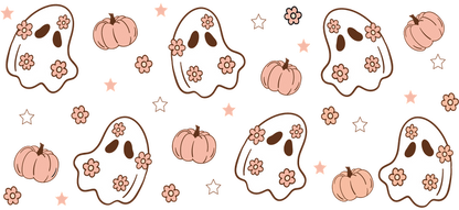 A playful pattern featuring cute ghost illustrations adorned with flowers and accompanied by pumpkins and sparkling stars, perfect for Halloween.UV Transfers heat press transfers