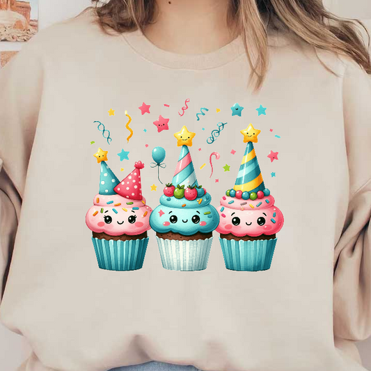 Three adorable, colorful cupcakes wearing festive party hats, adorned with sprinkles and cheerful expressions, surrounded by festive confetti.DTF Transfers