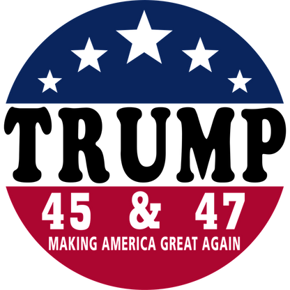 A vibrant graphic featuring red and blue elements with stars, showcasing the phrase "Making America Great Again" and the numbers 45 & 47.DTF Transfers dtf transfersdtf regular iron