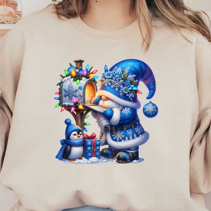 A whimsical winter scene featuring a gnome in a blue, snowy outfit, checking a festive mailbox with a cheerful penguin nearby.DTF Transfers dtf prints