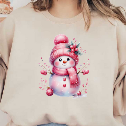 A cheerful snowman adorned in pink winter accessories, featuring a beanie, scarf, and decorative branches with berries. dtf transfers