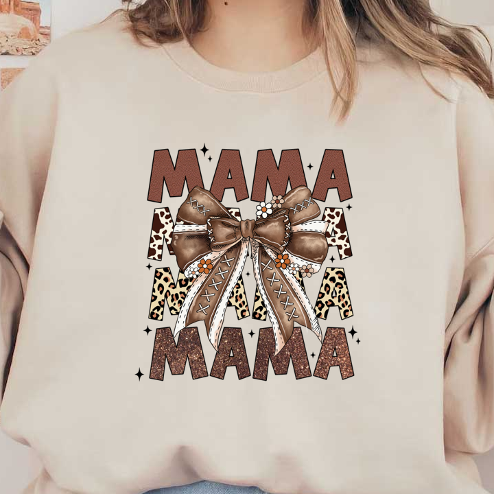 A charming "Mama" design featuring a decorative bow and floral accents, set against a textured background with animal prints. dtf prints