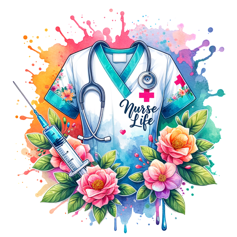 Celebrate the spirit of caregiving with this vibrant "Nurse Life" design featuring a floral-themed scrub top, stethoscope, and a syringe.DTF Transfers