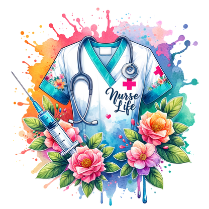 Celebrate the spirit of caregiving with this vibrant "Nurse Life" design featuring a floral-themed scrub top, stethoscope, and a syringe.DTF Transfers