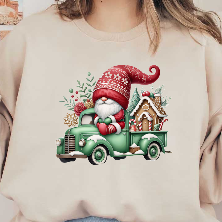 A whimsical green truck adorned with a cheerful Santa, festive greenery, and a gingerbread house, perfect for holiday decor.DTF Transfers dtf transfers