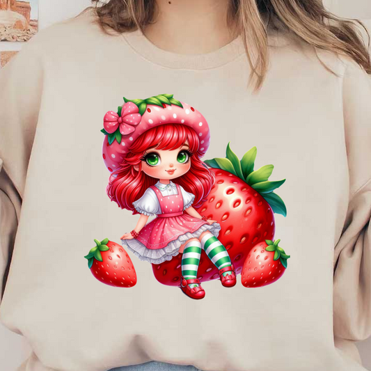 This whimsical illustration features a girl in a strawberry-themed outfit, adorned with a polka-dotted hat and striped stockings, surrounded by oversized strawberries.DTF Transfers