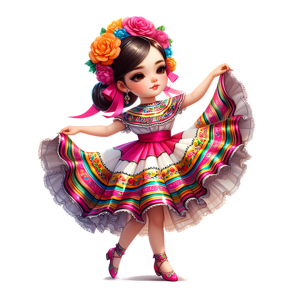 Una encantadora niña con un colorido vestido tradicional con un dobladillo con volantes y una corona floral vibrante, se posa con gracia.