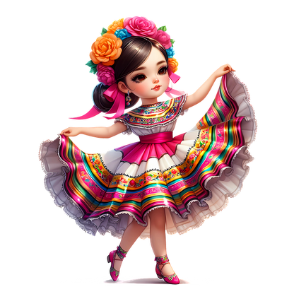 Una encantadora niña con un colorido vestido tradicional con un dobladillo con volantes y una corona floral vibrante, se posa con gracia.