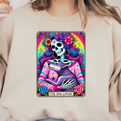 A vibrant, colorful art piece featuring a skeleton woman holding a dog, adorned with flowers and the title "The Dog Lover." dtf prints