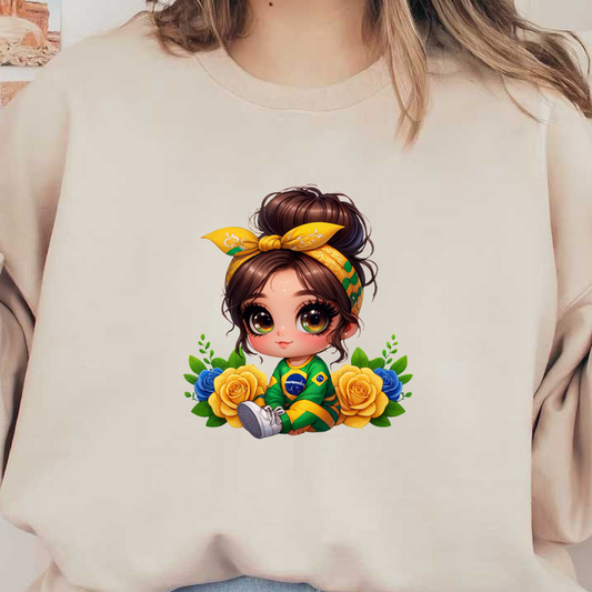 A cute, chibi-style girl in a green and yellow outfit with a headband, surrounded by blue and yellow roses.DTF Transfers heat press transfers