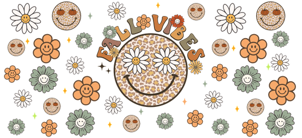 A cheerful fall-themed design featuring smiley faces, colorful flowers, and the text "Fall Vibes" in playful lettering.UV Transfersdtf regular iron