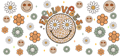 A cheerful fall-themed design featuring smiley faces, colorful flowers, and the text "Fall Vibes" in playful lettering.UV Transfersdtf regular iron