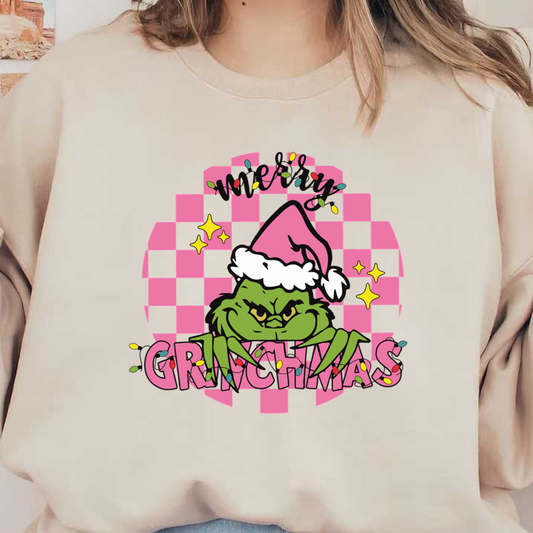 Celebrate the holiday spirit with this festive Grinch graphic featuring his playful expression and a pink checkered background.DTF Transfers heat press transfers