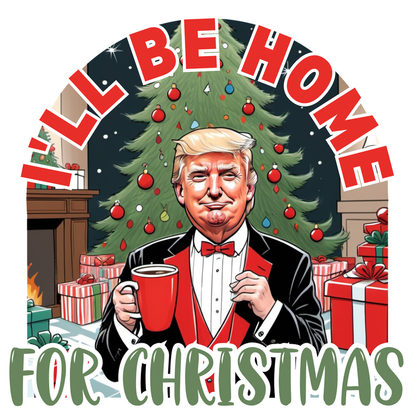 A festive illustration featuring a man in a tuxedo holding a mug, surrounded by a Christmas tree and gift boxes.DTF Transfersdtf regular irondtf regular iron