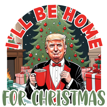 A festive illustration featuring a man in a tuxedo holding a mug, surrounded by a Christmas tree and gift boxes.DTF Transfersdtf regular irondtf regular iron