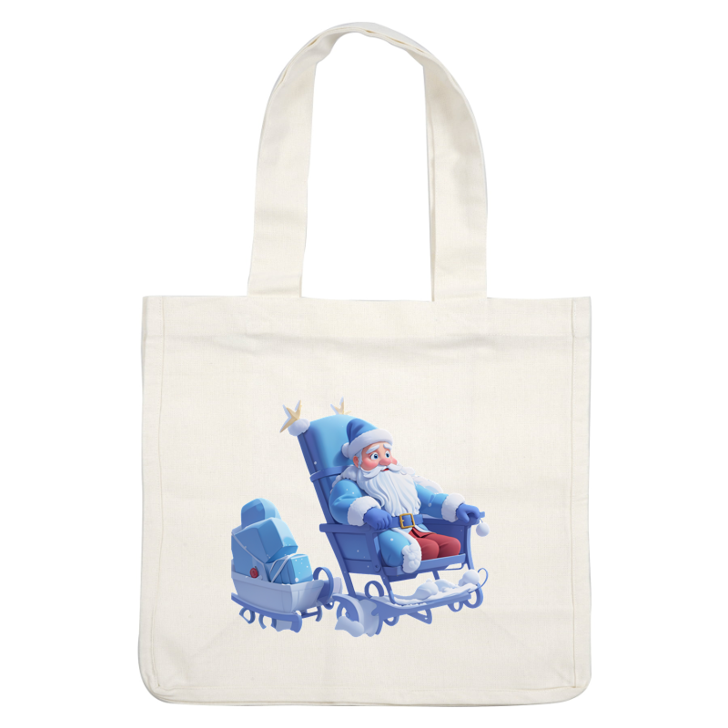 A whimsical illustration of Santa Claus sitting in a blue sleigh, surrounded by delightful gifts and snowy details.DTF Transfersdtf regular iron