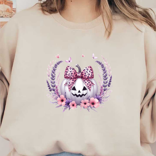 ¡Una elegante calabaza blanca adornada con un lazo de estampado de leopardo rosa, rodeada de flores y mariposas de colores, perfecta para Halloween!