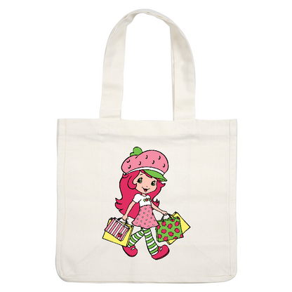 Strawberry-themed animated character cheerfully carrying colorful shopping bags, dressed in a polka-dot dress and striped leggings.DTF Transfers