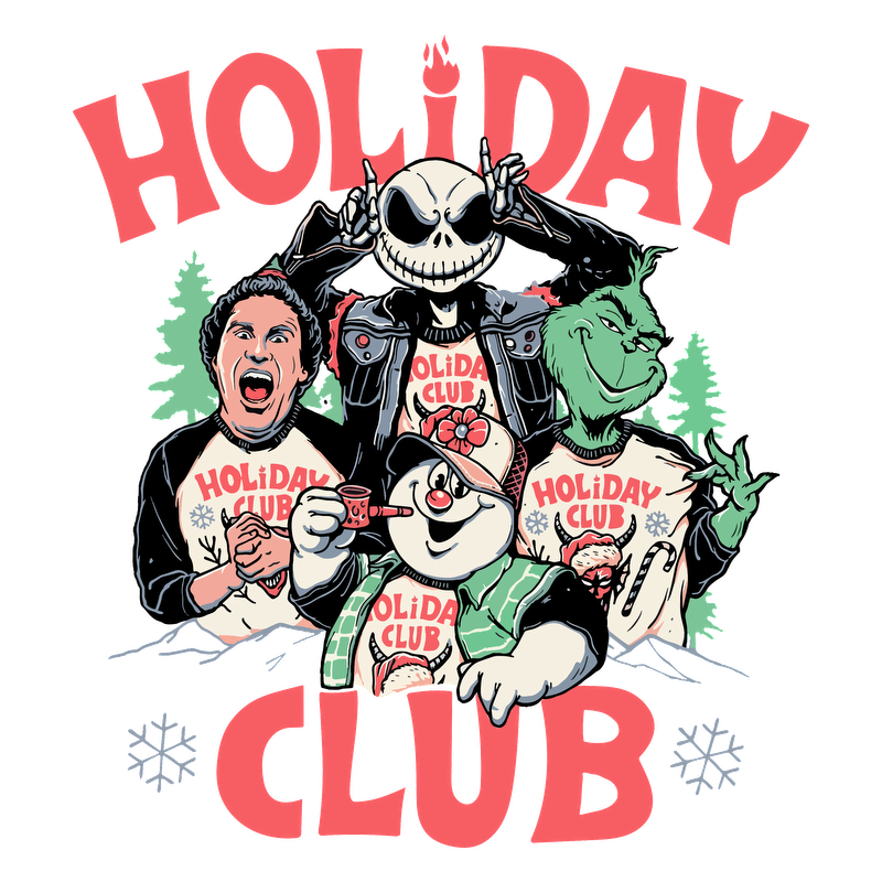 Join the festive fun with this "Holiday Club" graphic featuring iconic characters like Jack Skellington, the Grinch, and Frosty!DTF Transfers dtf prints