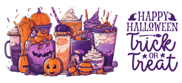 Celebrate Halloween with this colorful assortment of spooky drinks topped with sweet treats and playful pumpkins!UV Transfers dtf transfers