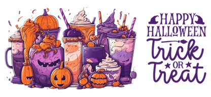 Celebrate Halloween with this colorful assortment of spooky drinks topped with sweet treats and playful pumpkins!UV Transfers dtf transfers