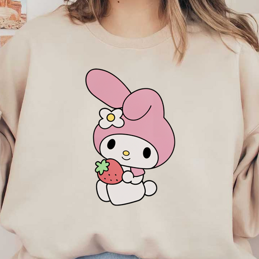 Lindo personaje de My Melody con un sombrero de conejito rosa, sosteniendo una fresa y adornado con una flor blanca. Transferencias DTF