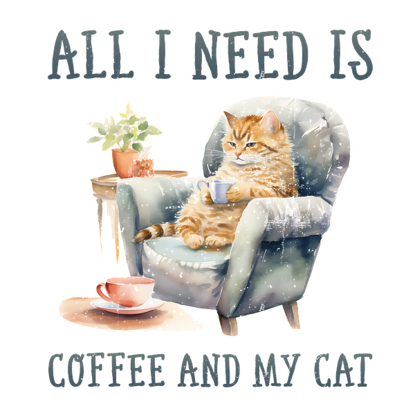 Acogedora ilustración que presenta un gato relajado en una silla con una taza de café, complementada con plantas y una cita caprichosa.