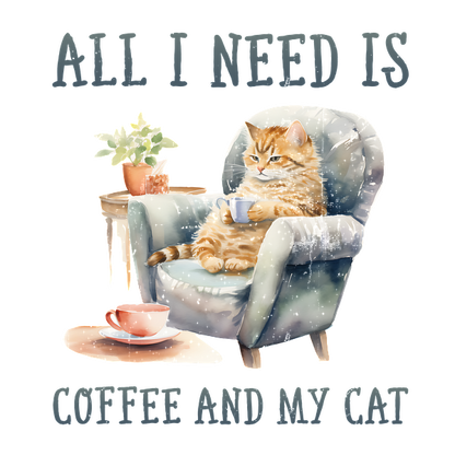 Acogedora ilustración que presenta un gato relajado en una silla con una taza de café, complementada con plantas y una cita caprichosa.