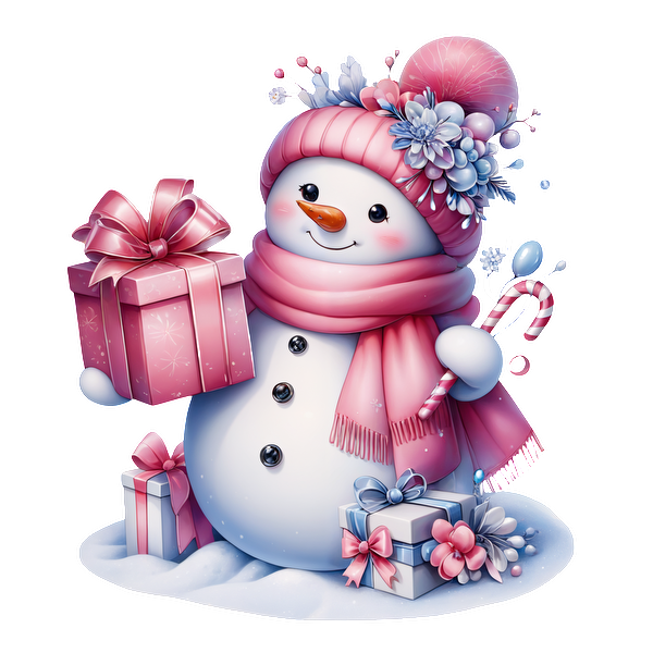 A cheerful snowman, adorned with a pink hat and scarf, holds gifts and a candy cane amidst a snowy backdrop. heat press transfers