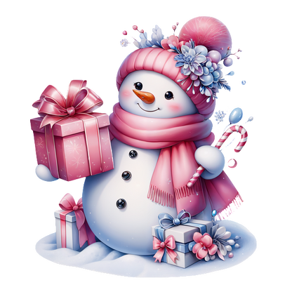 A cheerful snowman, adorned with a pink hat and scarf, holds gifts and a candy cane amidst a snowy backdrop. heat press transfers