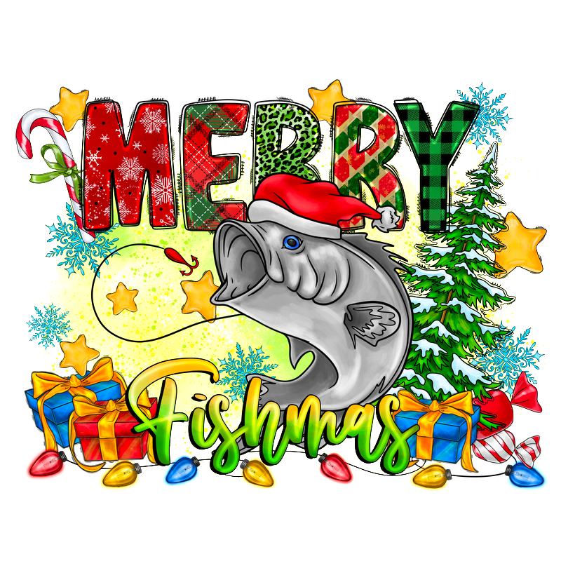 A whimsical holiday design featuring a festive fish wearing a Santa hat, surrounded by gifts, a Christmas tree, and cheerful decorations.DTF Transfersdtf regular iron