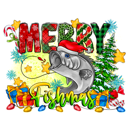 A whimsical holiday design featuring a festive fish wearing a Santa hat, surrounded by gifts, a Christmas tree, and cheerful decorations.DTF Transfersdtf regular iron