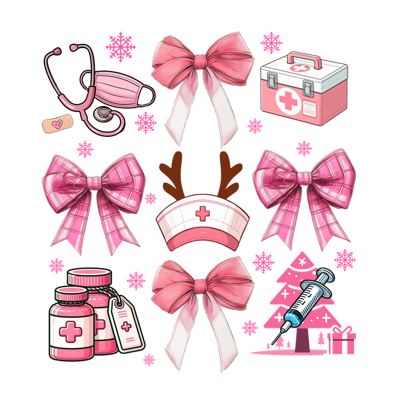 A festive collage featuring pink bows, a stethoscope, medical kit, and playful nurse accessories, perfect for healthcare-themed celebrations.DTF Transfers