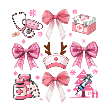 A festive collage featuring pink bows, a stethoscope, medical kit, and playful nurse accessories, perfect for healthcare-themed celebrations.DTF Transfers