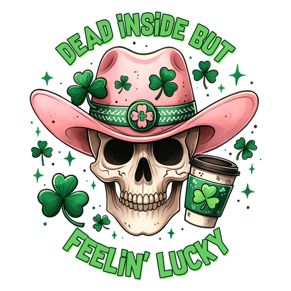 Un diseño divertido que presenta una calavera con un sombrero de vaquero rosa rodeada de tréboles y la frase "Dead Inside But Feelin' Lucky" (Muerto por dentro pero con suerte).