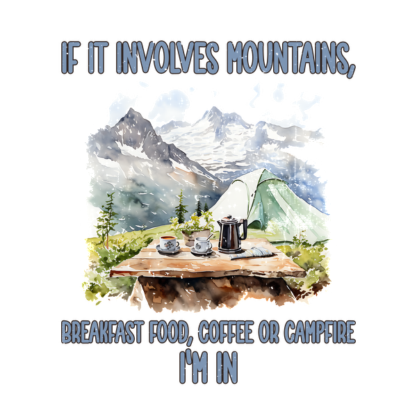 Una pintoresca ilustración con temática de montaña que muestra un acogedor campamento con una mesa preparada para el desayuno, cafeteras y una tienda de campaña.