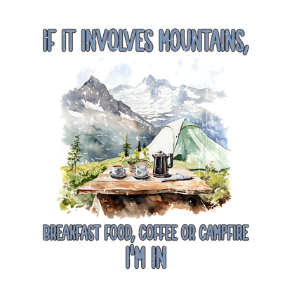 Una pintoresca ilustración con temática de montaña que muestra un acogedor campamento con una mesa preparada para el desayuno, cafeteras y una tienda de campaña.