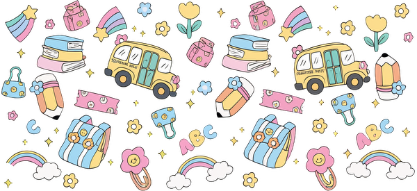 A vibrant and playful school-themed pattern featuring buses, books, pencils, flowers, and rainbows in cheerful pastel colors.UV Transfersdtf regular iron