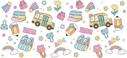 A vibrant and playful school-themed pattern featuring buses, books, pencils, flowers, and rainbows in cheerful pastel colors.UV Transfersdtf regular iron