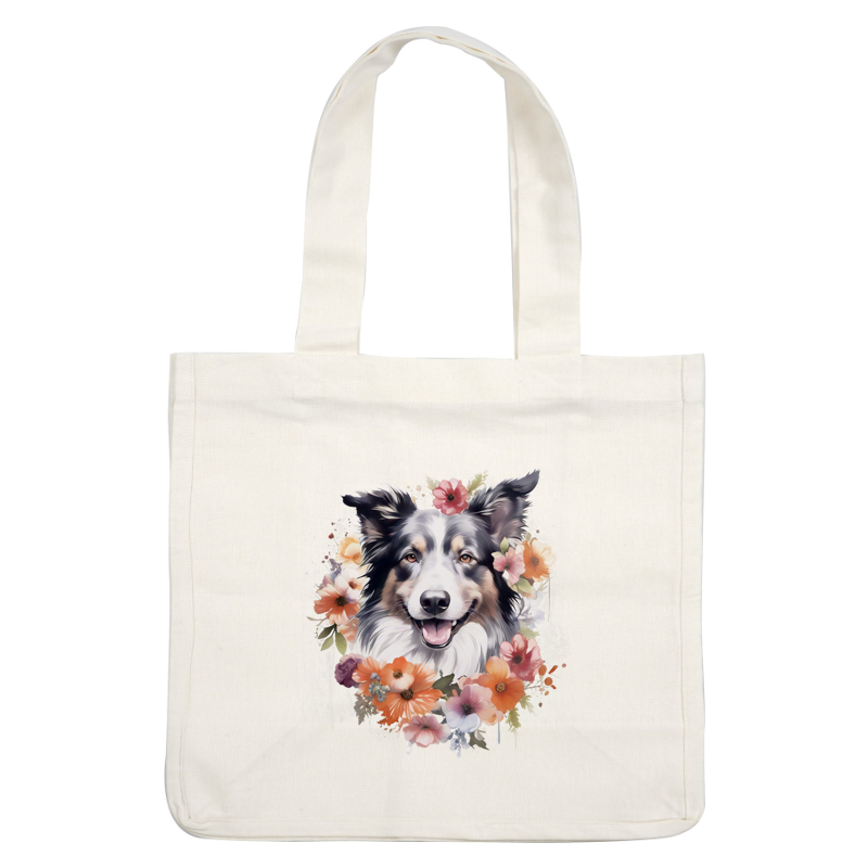 A cheerful border collie surrounded by vibrant flowers, creating a joyful and colorful floral portrait. heat press transfers