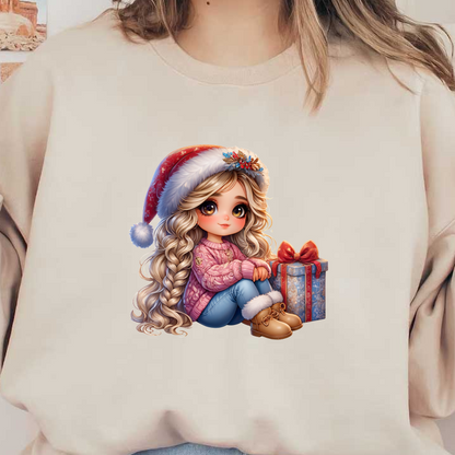 A cute, festive character with long, flowing hair, wearing a cozy sweater and Santa hat, sitting by a wrapped gift.DTF Transfers dtf prints