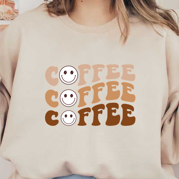 Un diseño divertido y alegre con temática de café que presenta la palabra "CAFÉ" en fuentes divertidas con caritas sonrientes felices.