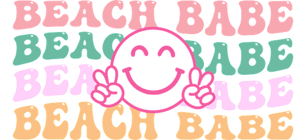 Diseño gráfico colorido con la frase "Beach Babe" y una carita sonriente alegre, ¡perfecto para las vibraciones del verano! Transferencias UV