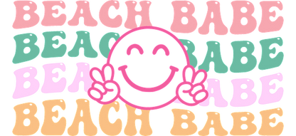 Diseño gráfico colorido con la frase "Beach Babe" y una carita sonriente alegre, ¡perfecto para las vibraciones del verano! Transferencias UV