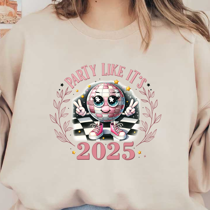 Celebrate in style with this vibrant 2025 graphic featuring a disco ball character, peace signs, and playful sneakers!DTF Transfers dtf prints