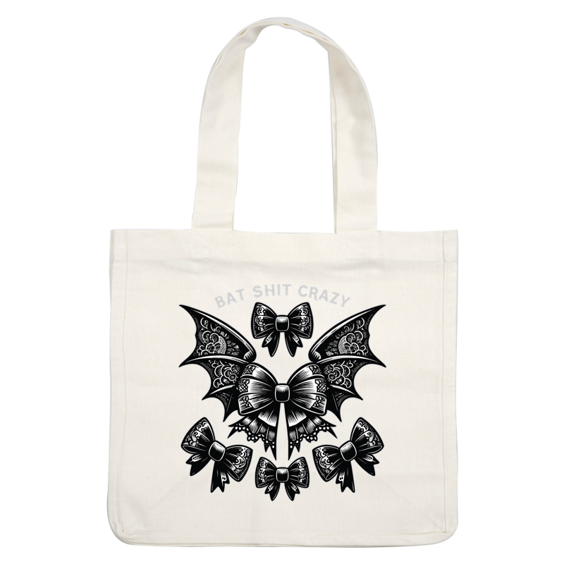 Un diseño caprichoso en blanco y negro con alas de murciélago y lazos decorativos, rematado con la frase "BAT SHIT CRAZY".