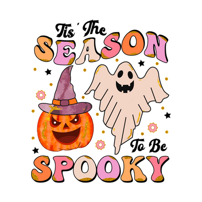 ¡Celebre el espíritu de Halloween con este colorido diseño "Season Spooky" que presenta una alegre calabaza y un fantasma juguetón!